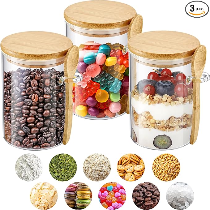 Tessco for you 3 Pack 17 oz Glass Jars with Bamboo Lids and Spoons, Clear Tea Containers for Loose Leaf Tea, Kitchen Countertop Canisters for Sugar, Coffee Beans, Spice, Salt, Nuts, Candy
