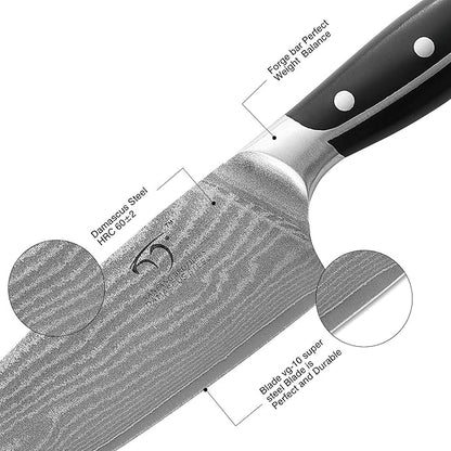 16-Piece Damascus Knife Set with Block, VG10 67-Layer Damascus Steel Kitchen Knife Set with Triple-Rivet Handles, 6 Steak Knives, Meat Fork, Sharpener & Scissors, Black