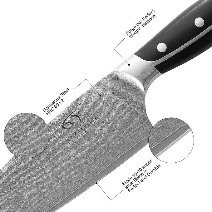 Damascus Kitchen Knife Set with Block, 9-Piece 67-Layer VG10 Damascus Steel Knife Set with Triple-Rivet Handles, Chef, Santoku, Utility, Bread & Paring Knives, Sharpener, Shears, Black