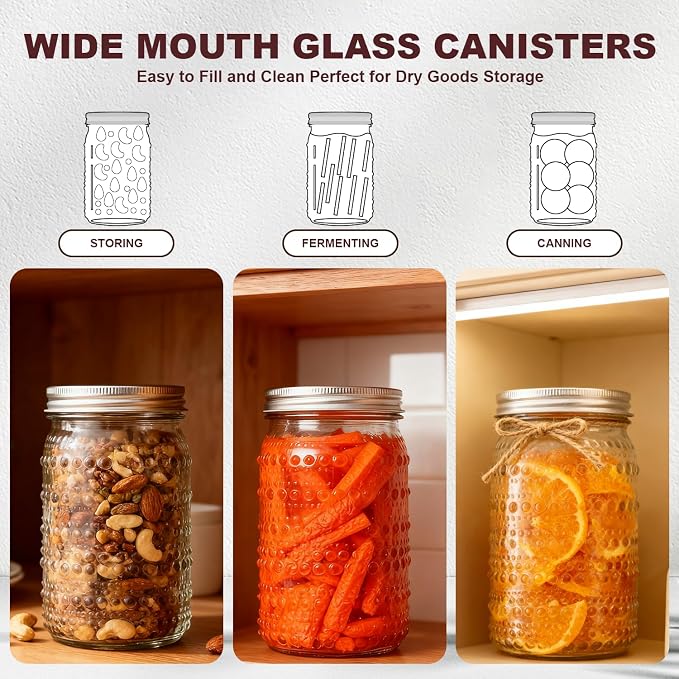 Wide Mouth Mason Jars 32oz, 4 Pack Quart Mason Jars with Lids, Glass Canning Jars for Pickling, Storing Food, Meal Prep, Salad Jam, Overnight Oats, Yogurt
