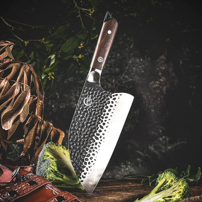 [Full Tang]Butcher Knife Handmade Forged Kitchen Chef Knife Grandsharp Pro Razor Sharp Serbian Clad Steel Meat Vegetable Chopping Cutting Cleaver with Leather Knife Sheath
