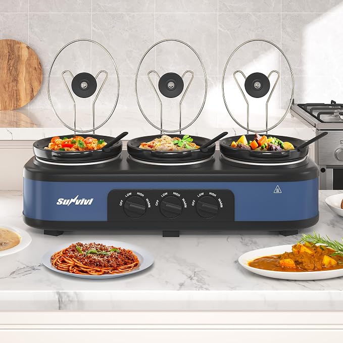 SUNVIVI Triple Slow Cooker Food Warmer 3 x 2.5 Quart, Triple Buffet Server with Removable Ceramic Pots, Adjustable Heat Control, Slow Cooker Buffet Server with Lid Rests & Serving Spoons, Dark Blue