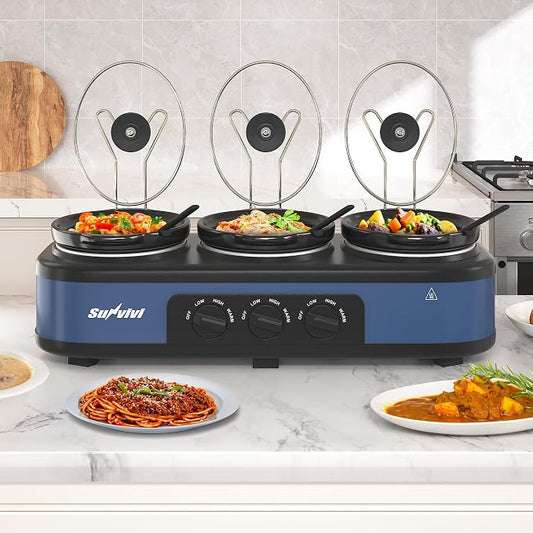 SUNVIVI Triple Slow Cooker Food Warmer 3 x 2.5 Quart, Triple Buffet Server with Removable Ceramic Pots, Adjustable Heat Control, Slow Cooker Buffet Server with Lid Rests & Serving Spoons, Dark Blue