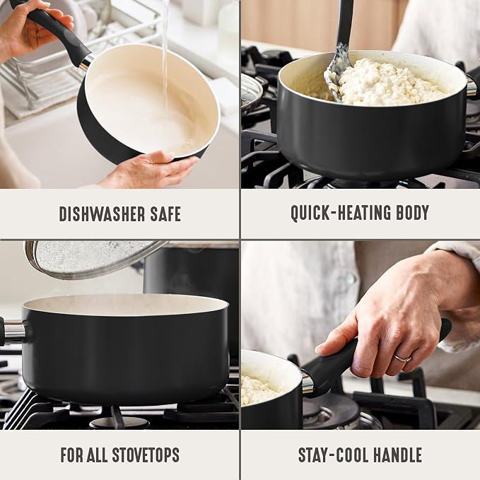 GreenLife 2 Quart Nonstick Saucepan with Lid, Non-Toxic Ceramic Pot, Dishwasher Safe, Stay-Cool Handle, Induction Ready, Fast Heating, PFAS Free, Easy Clean, Graphite Black