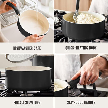 GreenLife 2 Quart Nonstick Saucepan with Lid, Non-Toxic Ceramic Pot, Dishwasher Safe, Stay-Cool Handle, Induction Ready, Fast Heating, PFAS Free, Easy Clean, Graphite Black
