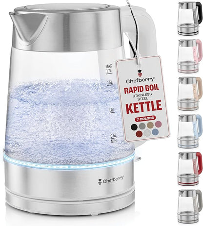 Electric Kettle for Boiling Hot Tea & Water | 1.7L Stainless Steel Borosilicate Glass Boiler With No Plastic, Automatic Shutoff, BPA Free, Fast Heating Technology (White)