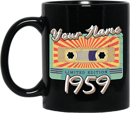 Personalized Vintage Cassette Tape Vintage 1959 Mug, Custom Your Name, 1959 Retro Coffee Mug, 63rd Birthday Present Gifts, 1959 Birthday Gift For Friends Family, Customizable Black Tea Cups