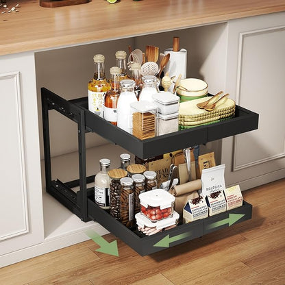 Abalter Expandable Pull Out Cabinet Organizer,2-Tier Slide Out Drawer for Kitchen Cabinets,Adjustable Width 12–18.5",Slide Out Shelves for Kitchen Countertop, Bathroom, Pantry, Heavy Duty Caddy(Black)