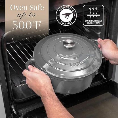 Cast Iron Dutch Oven with Lid - Non-Stick Ovenproof Enamelled Casserole Pot - Sturdy Dutch Oven Cookware - Grey, 3.1- Quart, 22cm- by Nuovva