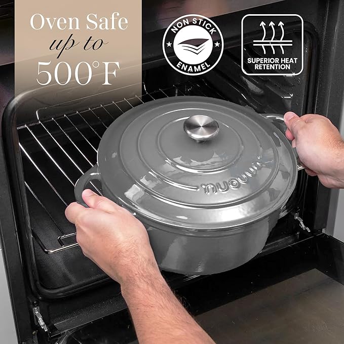 Cast Iron Dutch Oven with Lid - Non-Stick Ovenproof Enamelled Casserole Pot- Sturdy Dutch Oven Cookware - Grey, 7.3- Quart, 30cm- by Nuovva