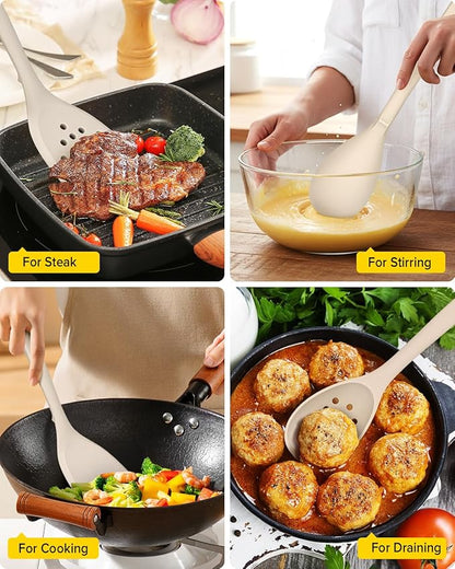 Silicone Cooking Utensils Set, 9 Pcs Heat Resistant Kitchen Utensils with Back Hooks, BPA Free Kitchen Tools with Spatulas, Spoons, Skimmer and Pasta Fork for Non Stick Cookware(KHAKI)