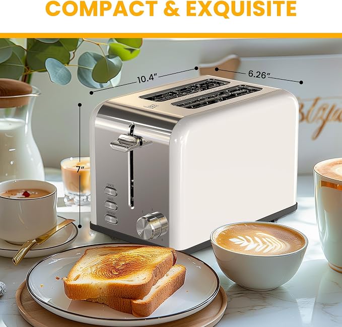 Simple Deluxe 2-Slice Toaster, Stainless Steel Toaster, 6 Browning Setting and 3 Function, Extra Wide Slot & Removable Crumb Tray, for Bread & Waffle, White (Pack of 1)