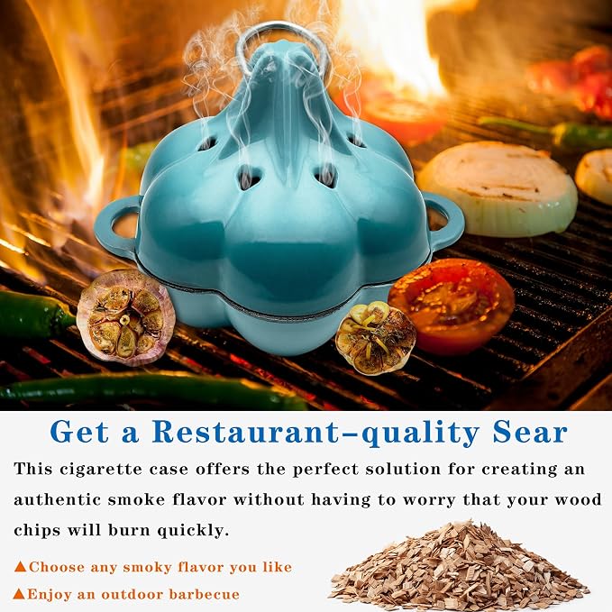 Cast Iron Smoker Roaster & Garlic Roster Baker, Smoker Box, Pre-Seasoned Cast Iron Garlic Roaster for Grill, Perfect for BBQ and Oven, for Smoky, Flavorful Vegetables, Meats or Wood Chips