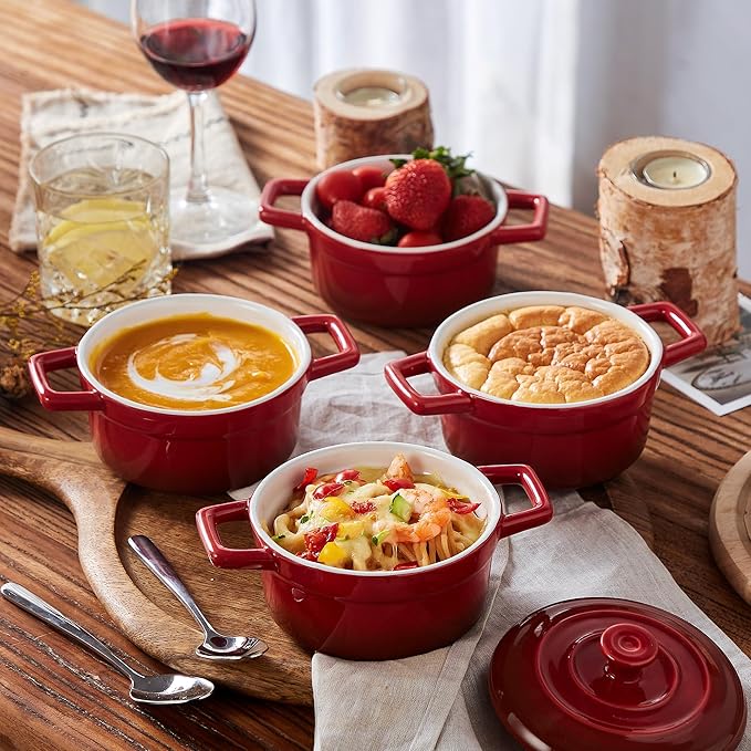 Lareina Mini Cocotte - 12oz Ceramic Casserole Dishes - Kitchen Casserole Sets With Handles And Lid - Small Baking Ramekins - Oven, Microwave & Dishwasher Safe - Set of 4 - Red