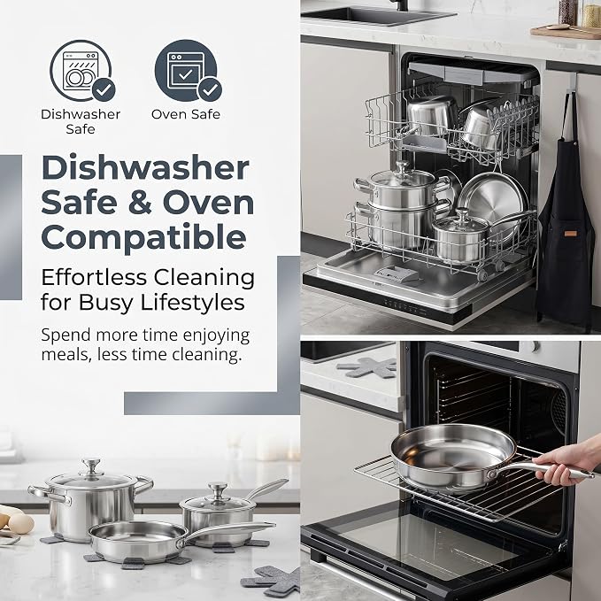 Stainless Steel Cookware Set, 16-Piece Pots and Pans Set Non Toxic, Kitchen Induction Cookware with Glass Lids, Steamer, Utensil Sets, Pot Protectors & Apron, Oven & Dishwasher Safe, Silver
