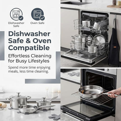 Stainless Steel Cookware Set, 16-Piece Pots and Pans Set Non Toxic, Kitchen Induction Cookware with Glass Lids, Steamer, Utensil Sets, Pot Protectors & Apron, Oven & Dishwasher Safe, Silver