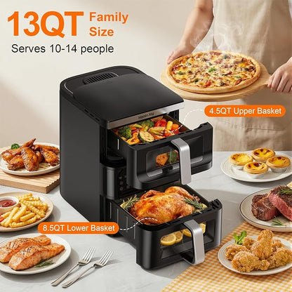 13QT Dual-Basket Air Fryers, Vertical Compact Large Air Fryers with viewing window & Independent Light, 10-in-1 Presets for Home Family, Bake/Dehydrate/Reheat, Double Zone Air Fryer Dishwasher-Safe