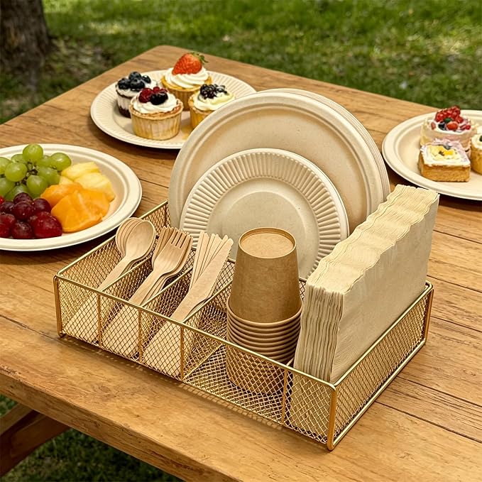 Paper Plate Organizer for Countertop - Metal Utensil Caddy Silverware Holder Cutlery Flatware Plastic Spoon Fork Plates Napkins Cup Storage Dispenser Party Picnic Essentials Camping Gold