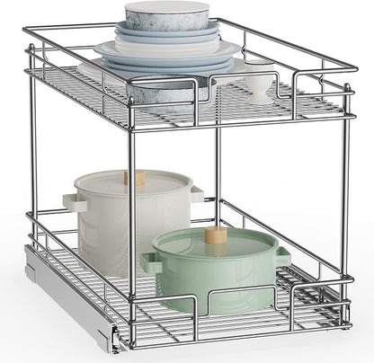 ROOMTEC New Version Pull Out Cabinet Organizer for Base Cabinet (14" W X 21" D), Kitchen Cabinet Organizer and Storage 2-Tier Cabinet Pull Out Shelves Under Cabinet Storage for Kitchen Silver,Chrome