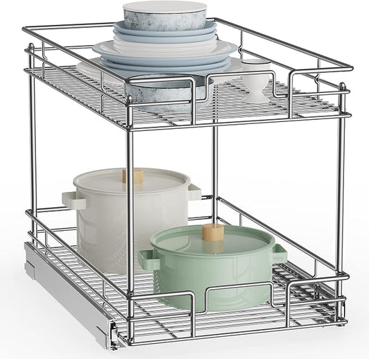 ROOMTEC New Version Pull Out Cabinet Organizer for Base Cabinet (14" W X 21" D), Kitchen Cabinet Organizer and Storage 2-Tier Cabinet Pull Out Shelves Under Cabinet Storage for Kitchen Silver,Chrome