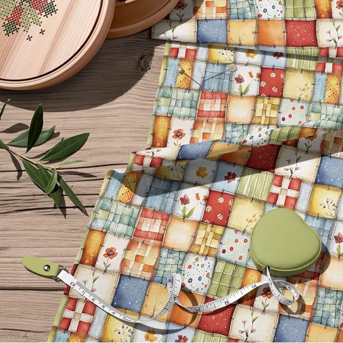 Patchwork Cotton Fabric Panel 61 x 36.6 Inches, Floral Quilt Style Squares, Soft Multicolor Design, 100% Cotton 140 GSM, Sewing Quilting Fabric