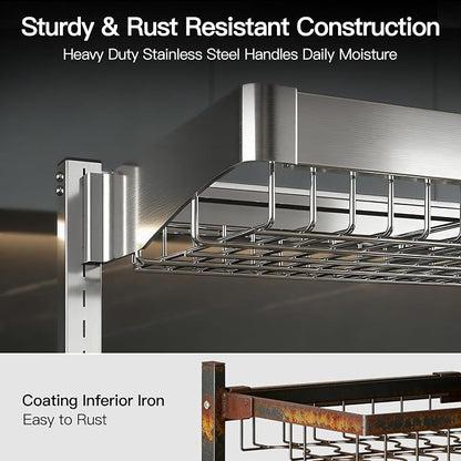 MAJALiS 3 Tier Extra Large Stainless Steel Expandable Over The Sink Dish Drainer Drying Rack, Rust Proof Metal, Space Saving, Modern Silver Big Capacity Extendable Plate Strainers Kitchen Counter