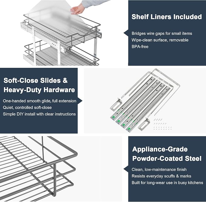 2 Tier Pull Out Cabinet Organizer - 8" W x 22" D Soft Close Slide Out Shelves with Shelf Liners - Pullout Drawers for Kitchen Cabinets, Pantry, Bathroom, Heavy Duty Steel Wire Baskets