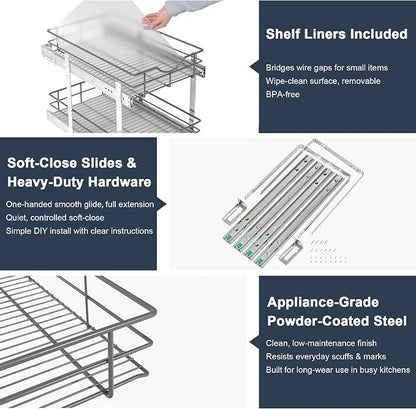 2 Tier Pull Out Cabinet Organizer - 20" W x 22" D Soft Close Slide Out Shelves with Shelf Liners - Pullout Drawers for Kitchen Cabinets, Pantry, Bathroom, Heavy Duty Steel Wire Baskets