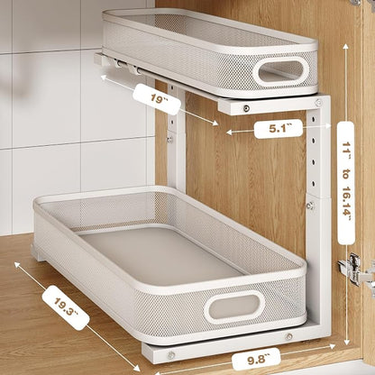 2 Pack 19.3IN-Depth Under Sink Organizer with Smooth Cylindrical Rail,2-Tier Pull Out Multi-Purpose Cabinet Storage for Bathroom&Kitchen,Height Adjustable,Rust-Resistant Coating-White