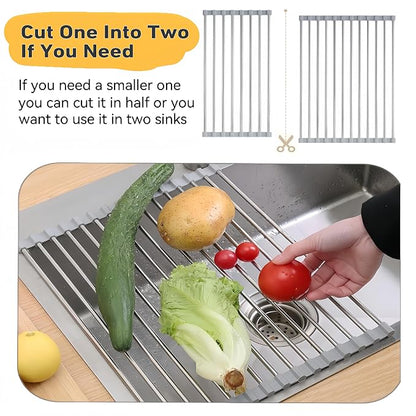 Roll Up Dish Drying Rack 17.7" x 15.8" Over The Sink Dish Drying Rack, Kitchen Dish Rack Stainless Steel Dish Drying Rack for Kitchen Sink Counter Storage (Grey)