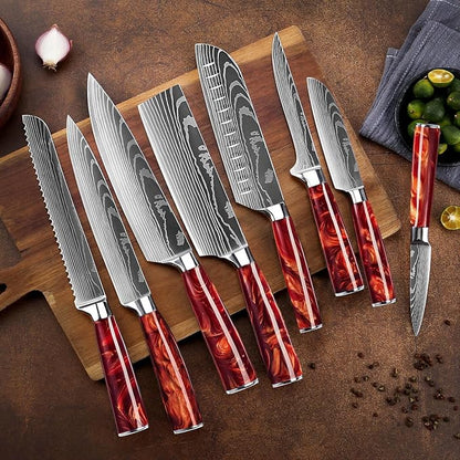 SENKEN 8-Piece Japanese Knife Set with Red Resin Handle and Laser Damascus Pattern - Crimson Collection - Chef's Knife, Cleaver, Santoku, Bread Knife, Paring Knife, & More (Crimson Red)