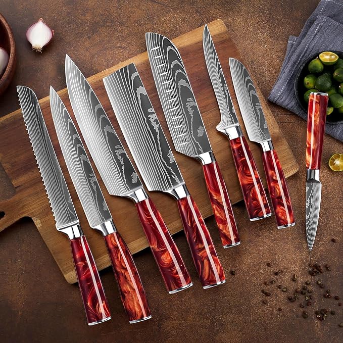 SENKEN 16-Piece Knife Block Set - Japanese High Carbon Stainless Steel with Damascus Pattern, Red Resin Handles, 6 Steak Knives & Acacia Hardwood Block (Red)