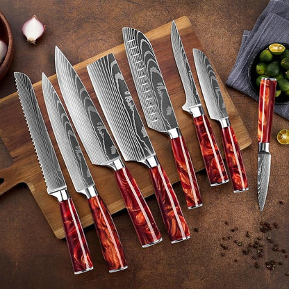 SENKEN 16-Piece Knife Block Set - Japanese High Carbon Stainless Steel with Damascus Pattern, Red Resin Handles, 6 Steak Knives & Acacia Hardwood Block (Red)