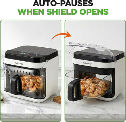 NutriChef 5.8 Quart Air Fryer | Glass Airfryer with 8-in-1 Digital Presets | Stainless Steel Fryer Design | Glass Fry Bowl with Flip-Up Safety Shield | Compact Air-Fryer for Even Cooking | White