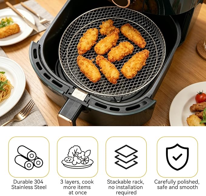 3pcs Round Air Fryer Racks, 8 inch Stainless Steel Stackable Air Fryer Basket Round Air Fryer Grill Rack with Silicone Feet & Clip Air Fryer Accessories for Air Fryer, Oven