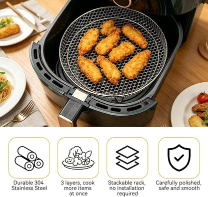3pcs Round Air Fryer Racks, 8 inch Stainless Steel Stackable Air Fryer Basket Round Air Fryer Grill Rack with Silicone Feet & Clip Air Fryer Accessories for Air Fryer, Oven