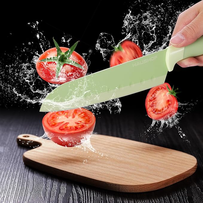 HAUSHOF Kitchen Knife Set with Magnetic Knife Strip for Wall, 6-Piece Colorful Knives Set for Kitchen, Non-Stick Coated Stainless Steel Blades for Slicing, Dicing, Magnetic Knife Holder for Storage