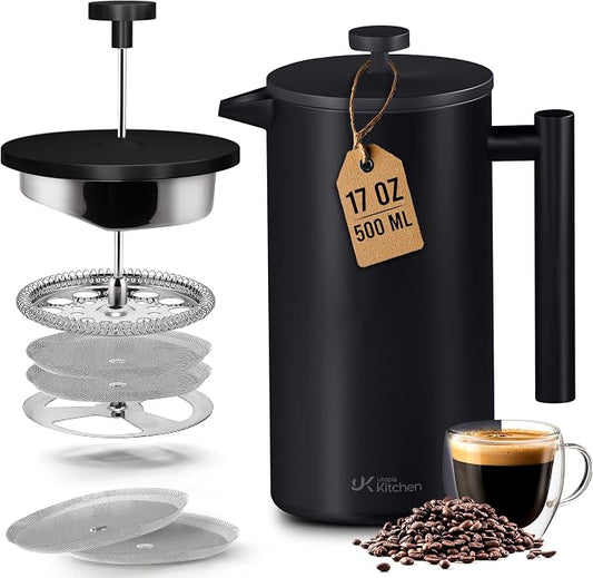 Utopia Kitchen 304 Grade Stainless Steel French Press Coffee Maker 17 Oz, Double Wall Insulated Coffee Press with 4-Level Filtration system, Include 2 Extra Filters, Rust-Free, Black