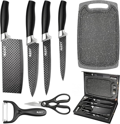 Knife Set, 7 Pieces Kitchen knife Set with Healthy Anti-Rust Coating, Stainless Steel Professional Chef Knife Sets with Elegant Box, Kitchen Knives with Scissors & Peeler & Cutting Board for Cooking