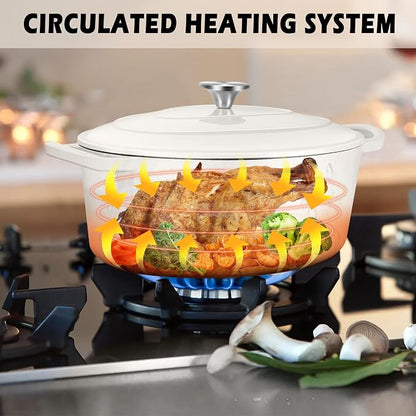 TeamFar Oval Dutch Oven, 5qt Enameled Cast Iron Dutch Oven Pot with Lid, For Bread Baking/Stewing/Braising/Frying, Suitable for Various Stoves, Non-stick & Easy Clean, White