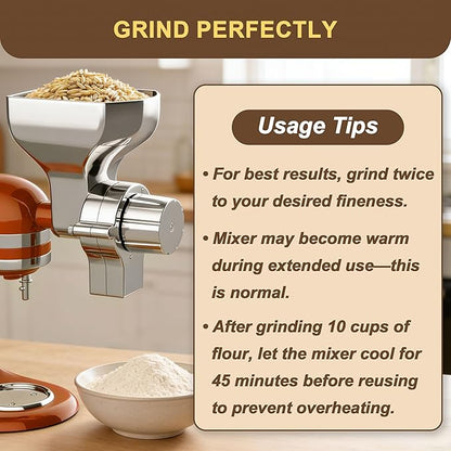 Premium All-Metal Grain Mill Attachment for KitchenAid Stand Mixers, 12-Level Adjustable Flour Mill Grinder for Wheat, Oats, Corn, Rice, Non-Oily Dry Grains - Includes Cleaning Brush