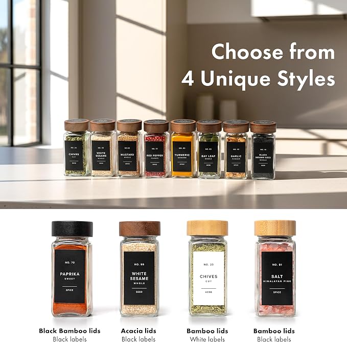 EDELHAUS Square Spice Jars with Acacia Wooden Lid (Pack of 36) Spice Jars with Shaker Insert and 240 White Labels - Acacia Lid Glass Container for Spice Organisation [4.3 in × 1.8 in]