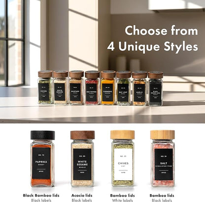 EDELHAUS Square Spice Jars with Acacia Wooden Lid (Pack of 36) Spice Jars with Shaker Insert and 240 White Labels - Acacia Lid Glass Container for Spice Organisation [4.3 in × 1.8 in]