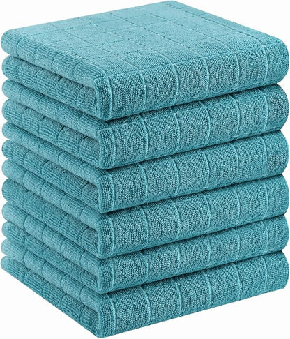 Homaxy 100% Cotton Terry Kitchen Towels(Lake Blue, 13 x 28 inches), Checkered Designed, Soft and Super Absorbent Dish Towels, 6 Pack