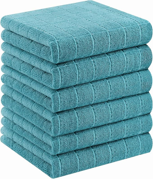 Homaxy 100% Cotton Terry Kitchen Towels(Lake Blue, 13 x 28 inches), Checkered Designed, Soft and Super Absorbent Dish Towels, 6 Pack