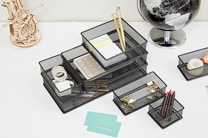 Annova Mesh Stackable Drawer Cabinet and Shelf Organizer Bins Storage Basket School Office Supply Holder Tray- Set of 2 (Black, 6x6x2 Inch)
