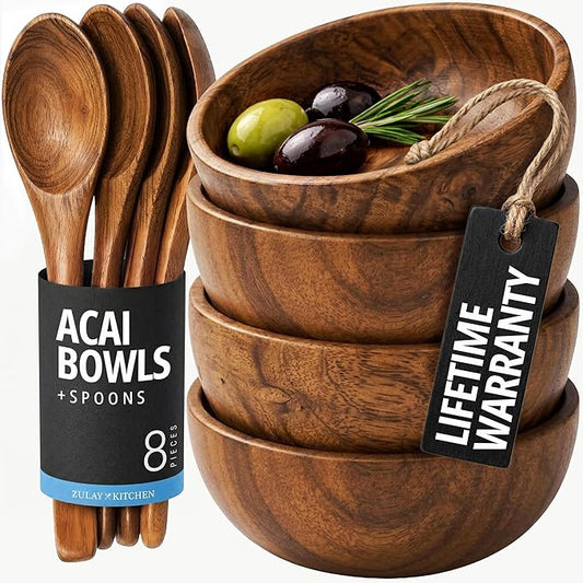 Zulay Kitchen Teak Wood Dipping Bowls with Spoons Set – 8 Piece Wooden Serving Set with 4 Mini Bowls and 4 Small Spoons, Handcrafted Natural Teak Wood, Durable & Smooth Finish