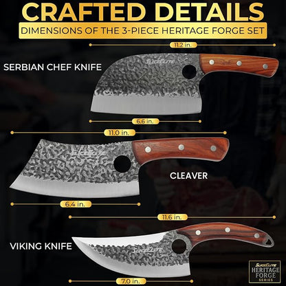 SliceElite Hand-Forged Professional Butcher Knife (3 PC BUTCHER KNIFE SET W/SANDLEWOOD HANDLES)