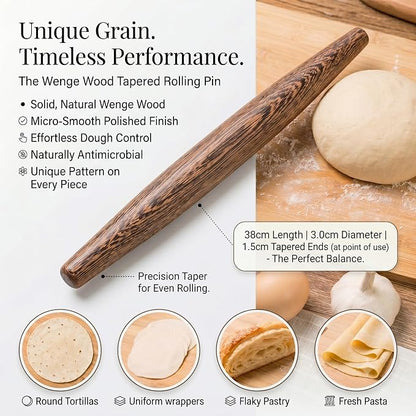 15.75 Inch French Rolling Pin – Smooth & Balanced Wooden Dough Roller for Baking and Pastry, Distinctive Feathered Grain Beauty