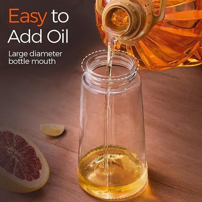 Oil being poured from a bottle into a clear container with text 'Easy to Add Oil' on a wooden surface.